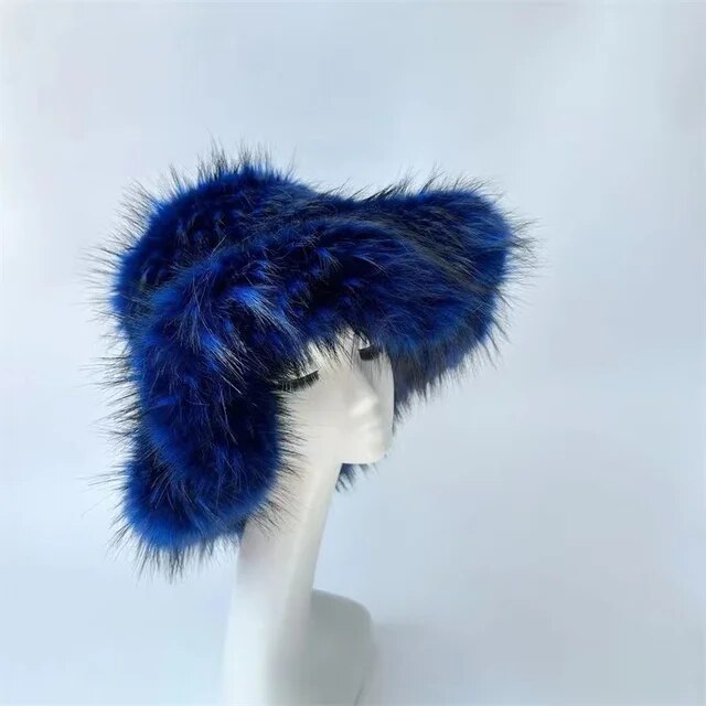 New Fluffy Faux Fur Bucket Hat Women Raccoon Fur Warm Winter Hat Lady Russian Luxury Fashion Party Panama Fisherman