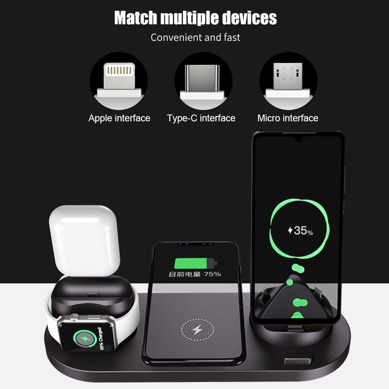 6 in 1 Wireless Charger Dock Station for iPhone/Android/Type-C USB Phones 10W Qi Fast Charging For Apple Watch AirPods Pro